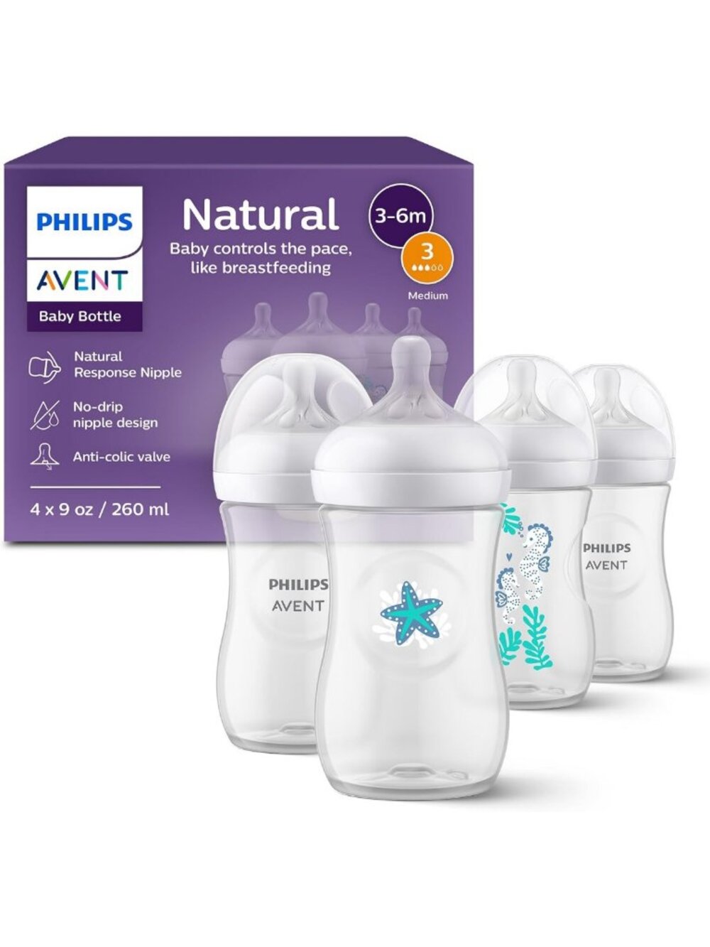 Natural Baby Bottles 9oz 4-Pack with Medium Flow Nipples & Cute Seahorse Design